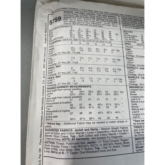 90s McCalls 5759 Misses Unlined Jacket Top & Skirts Sewing Pattern 8-12 UNCUT - Picture 5 of 6